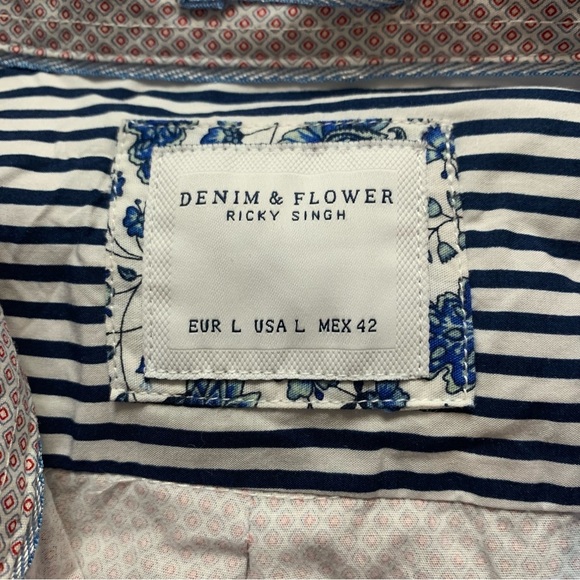 Denim & Flower Long Sleeve Button Up Shirt with Red & Blue Patterns - Picture 6 of 7